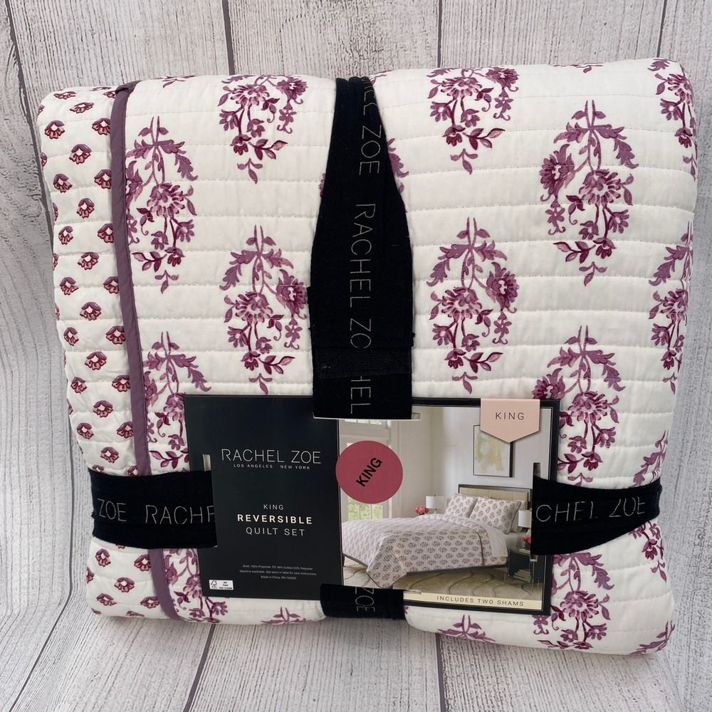 Rachel Zoe Reversible Quilt Set King Cream Plum Purple Floral Block Print 3pc